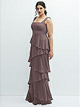 Side View Thumbnail - French Truffle Asymmetrical Tiered Ruffle Chiffon Maxi Dress with Square Neckline