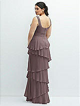 Rear View Thumbnail - French Truffle Asymmetrical Tiered Ruffle Chiffon Maxi Dress with Square Neckline