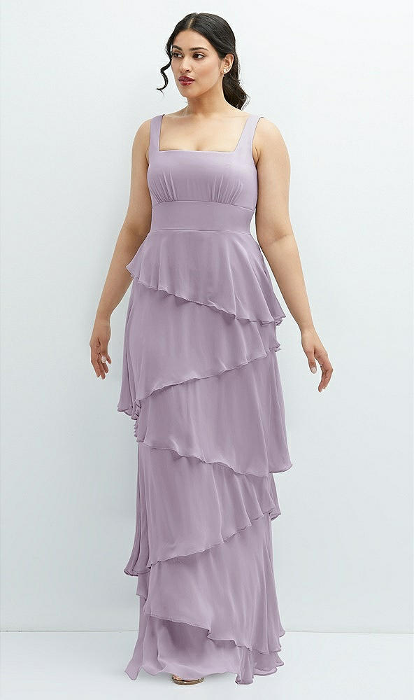 Front View - Lilac Haze Asymmetrical Tiered Ruffle Chiffon Maxi Dress with Square Neckline
