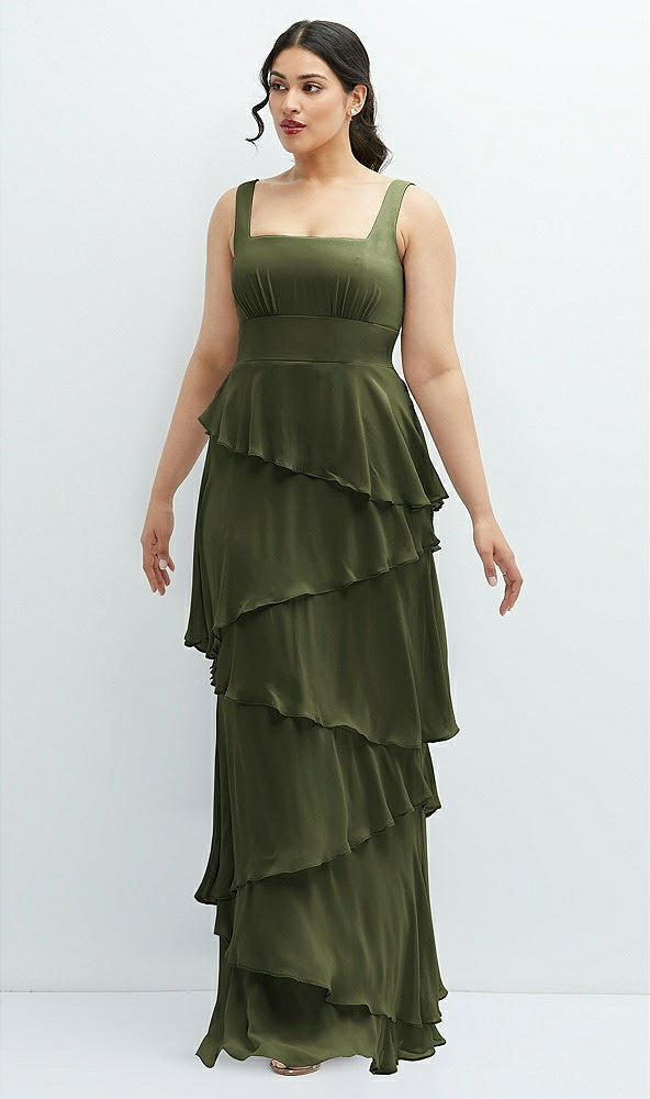 Front View - Olive Green Asymmetrical Tiered Ruffle Chiffon Maxi Dress with Square Neckline