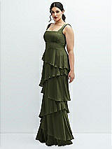 Side View Thumbnail - Olive Green Asymmetrical Tiered Ruffle Chiffon Maxi Dress with Square Neckline