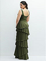 Rear View Thumbnail - Olive Green Asymmetrical Tiered Ruffle Chiffon Maxi Dress with Square Neckline