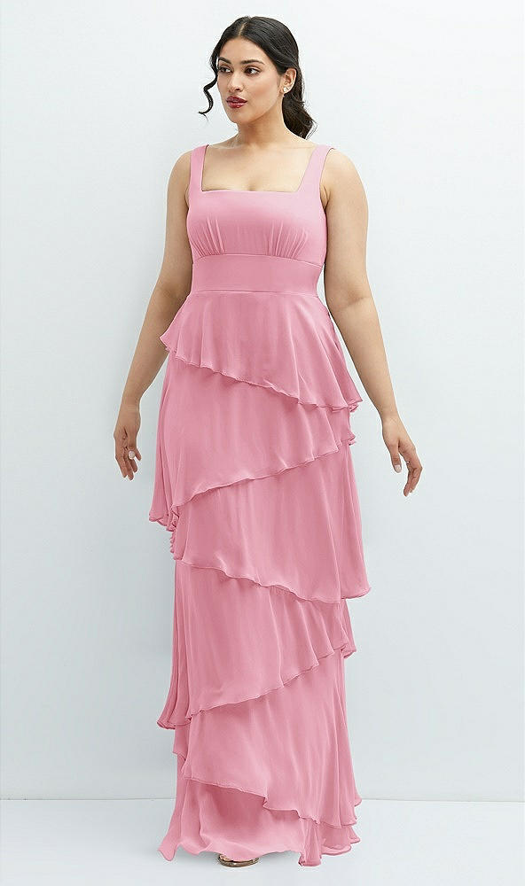 Front View - Peony Pink Asymmetrical Tiered Ruffle Chiffon Maxi Dress with Square Neckline