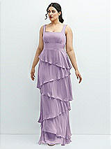 Front View Thumbnail - Pale Purple Asymmetrical Tiered Ruffle Chiffon Maxi Dress with Square Neckline