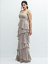 Side View Thumbnail - Taupe Asymmetrical Tiered Ruffle Chiffon Maxi Dress with Square Neckline