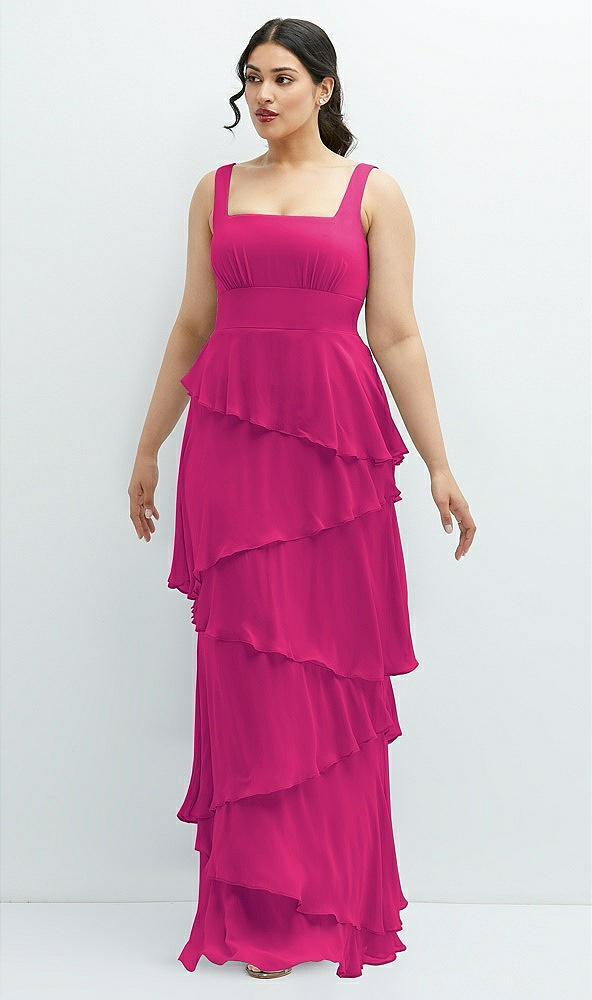 Front View - Think Pink Asymmetrical Tiered Ruffle Chiffon Maxi Dress with Square Neckline