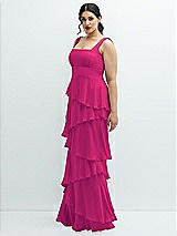 Side View Thumbnail - Think Pink Asymmetrical Tiered Ruffle Chiffon Maxi Dress with Square Neckline