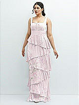 Front View Thumbnail - Watercolor Print Asymmetrical Tiered Ruffle Chiffon Maxi Dress with Square Neckline