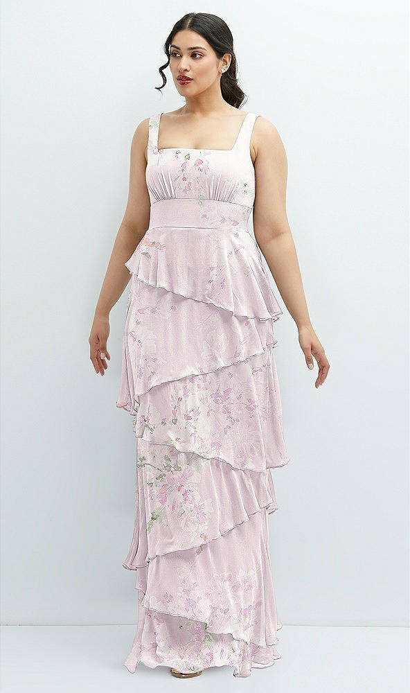 Front View - Watercolor Print Asymmetrical Tiered Ruffle Chiffon Maxi Dress with Square Neckline
