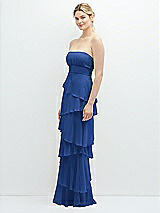 Side View Thumbnail - Classic Blue Strapless Asymmetrical Tiered Ruffle Chiffon Maxi Dress