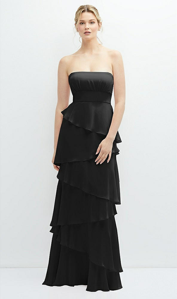 Front View - Black Strapless Asymmetrical Tiered Ruffle Chiffon Maxi Dress