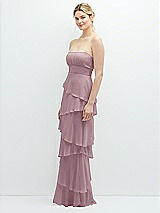 Side View Thumbnail - Dusty Rose Strapless Asymmetrical Tiered Ruffle Chiffon Maxi Dress