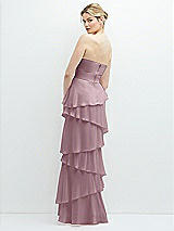 Rear View Thumbnail - Dusty Rose Strapless Asymmetrical Tiered Ruffle Chiffon Maxi Dress