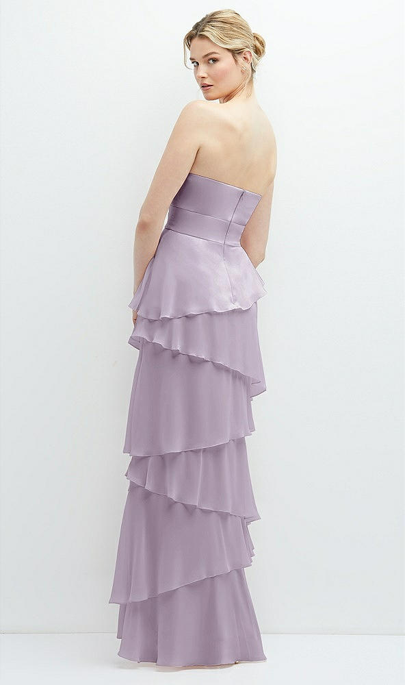 Back View - Lilac Haze Strapless Asymmetrical Tiered Ruffle Chiffon Maxi Dress