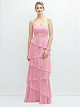 Front View Thumbnail - Peony Pink Strapless Asymmetrical Tiered Ruffle Chiffon Maxi Dress