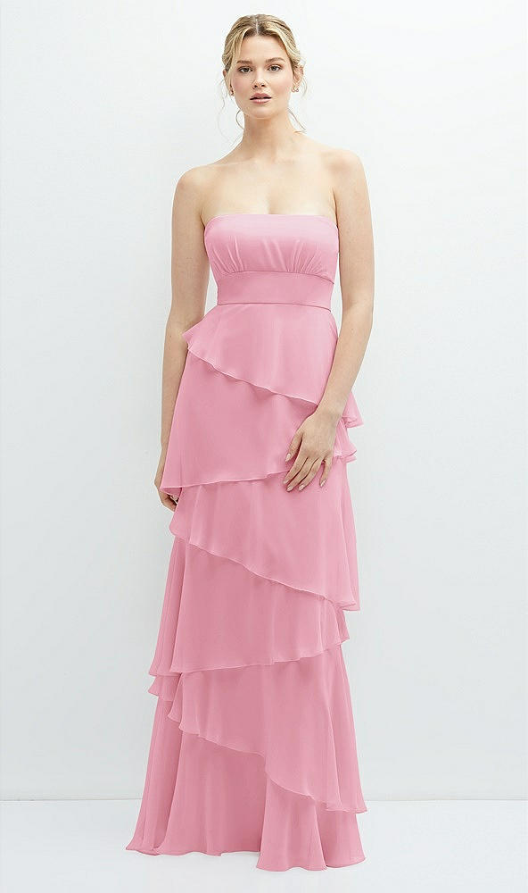 Front View - Peony Pink Strapless Asymmetrical Tiered Ruffle Chiffon Maxi Dress