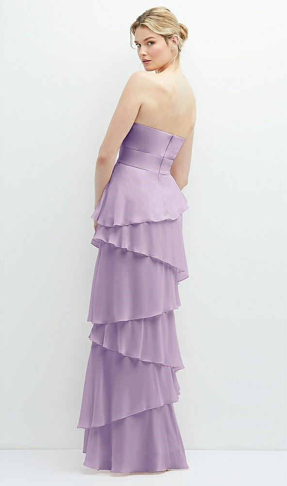 Back View - Pale Purple Strapless Asymmetrical Tiered Ruffle Chiffon Maxi Dress