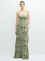 Front View Thumbnail - Sage Strapless Asymmetrical Tiered Ruffle Chiffon Maxi Dress