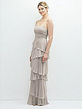 Side View Thumbnail - Taupe Strapless Asymmetrical Tiered Ruffle Chiffon Maxi Dress