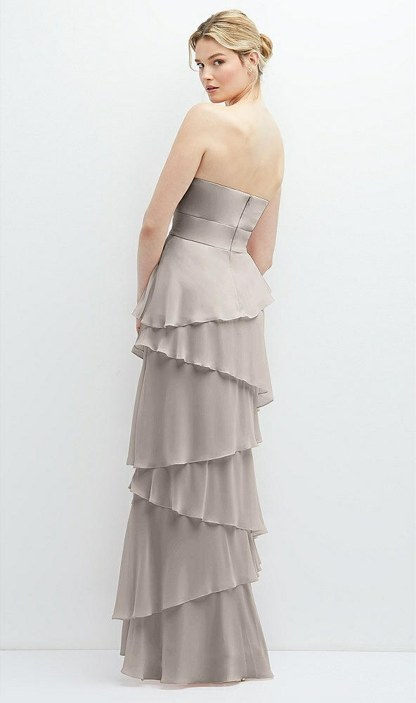 Back View - Taupe Strapless Asymmetrical Tiered Ruffle Chiffon Maxi Dress