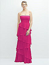 Front View Thumbnail - Think Pink Strapless Asymmetrical Tiered Ruffle Chiffon Maxi Dress