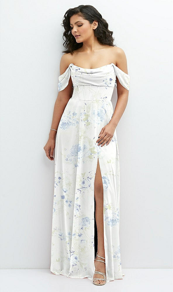 Front View - Bleu Garden Chiffon Corset Maxi Dress with Removable Off-the-Shoulder Swags