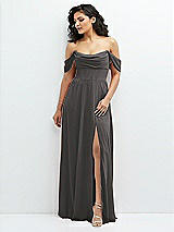Front View Thumbnail - Caviar Gray Chiffon Corset Maxi Dress with Removable Off-the-Shoulder Swags