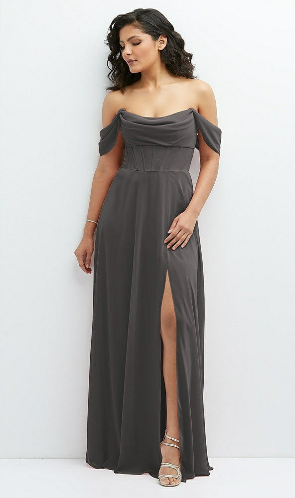 Front View - Caviar Gray Chiffon Corset Maxi Dress with Removable Off-the-Shoulder Swags