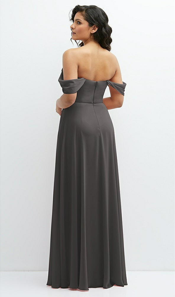 Back View - Caviar Gray Chiffon Corset Maxi Dress with Removable Off-the-Shoulder Swags