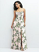 Alt View 1 Thumbnail - Palm Beach Print Chiffon Corset Maxi Dress with Removable Off-the-Shoulder Swags