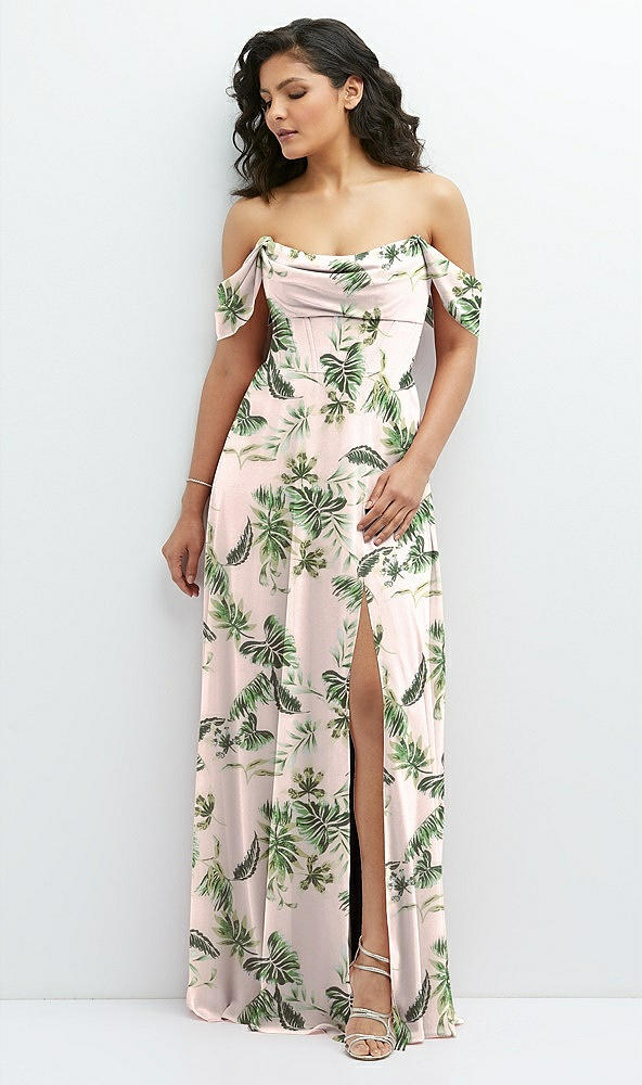 Front View - Palm Beach Print Chiffon Corset Maxi Dress with Removable Off-the-Shoulder Swags