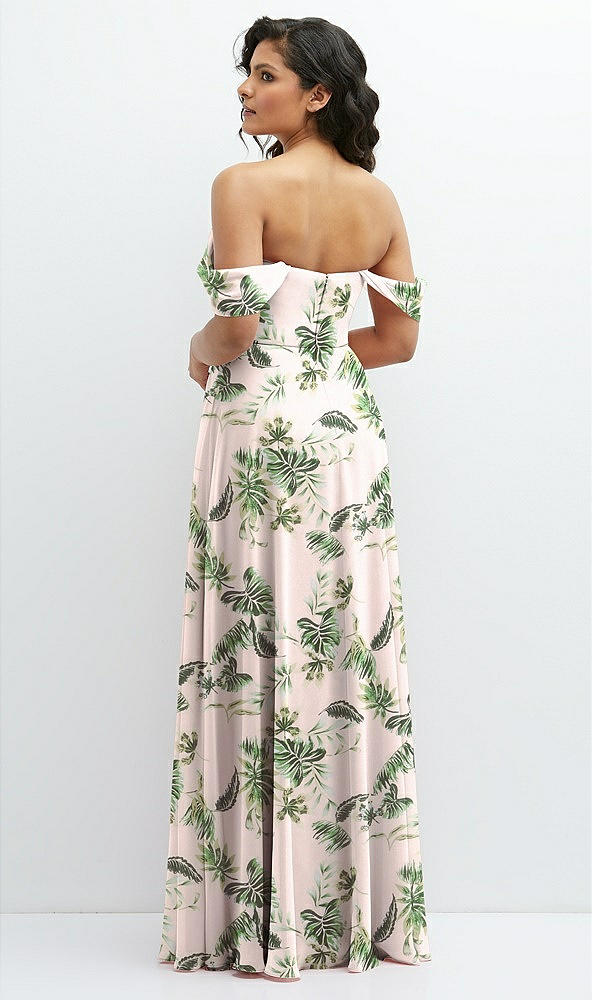 Back View - Palm Beach Print Chiffon Corset Maxi Dress with Removable Off-the-Shoulder Swags