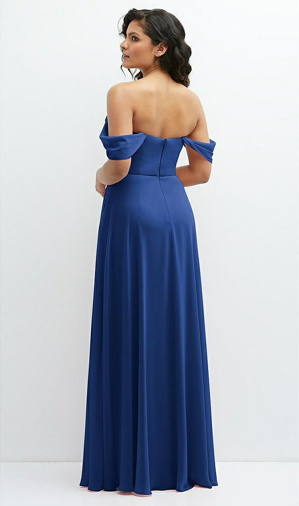 Back View - Classic Blue Chiffon Corset Maxi Dress with Removable Off-the-Shoulder Swags
