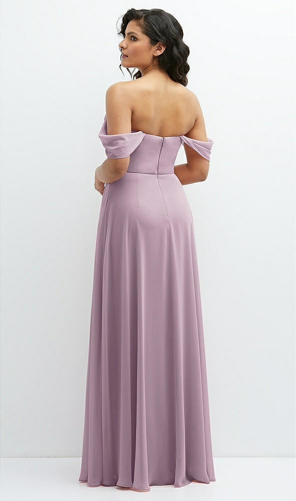 Back View - Suede Rose Chiffon Corset Maxi Dress with Removable Off-the-Shoulder Swags