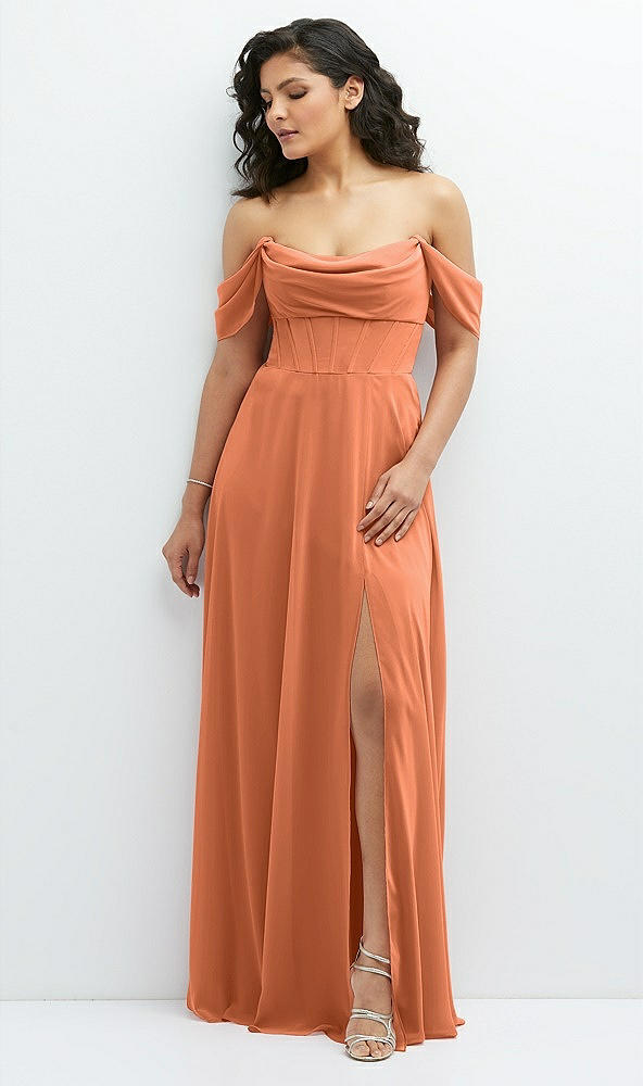 Front View - Sweet Melon Chiffon Corset Maxi Dress with Removable Off-the-Shoulder Swags