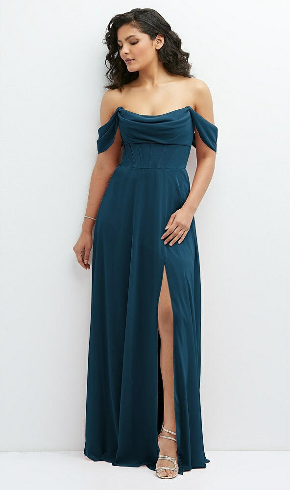 Front View - Atlantic Blue Chiffon Corset Maxi Dress with Removable Off-the-Shoulder Swags