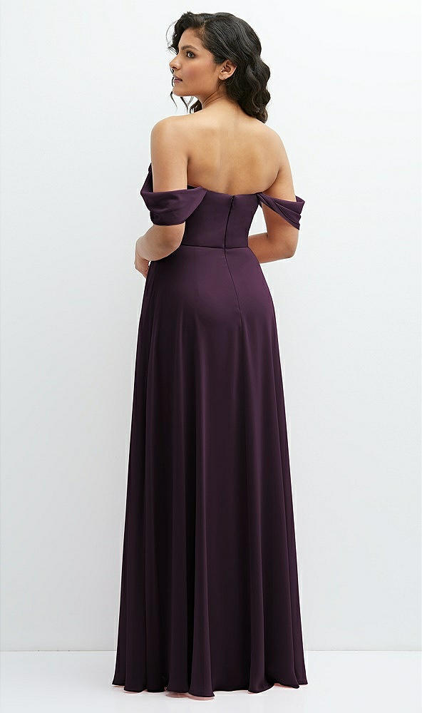 Back View - Aubergine Chiffon Corset Maxi Dress with Removable Off-the-Shoulder Swags