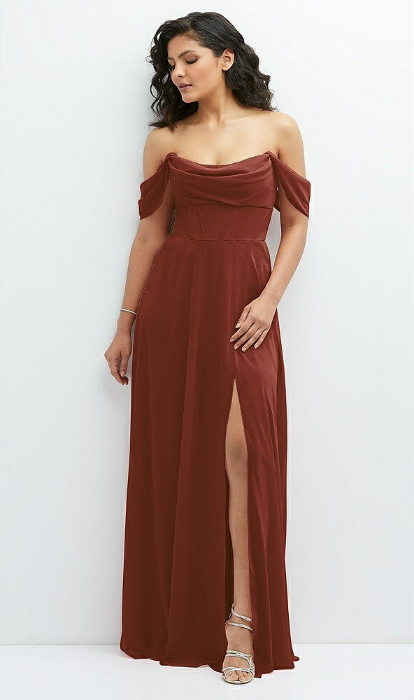 Front View - Auburn Moon Chiffon Corset Maxi Dress with Removable Off-the-Shoulder Swags