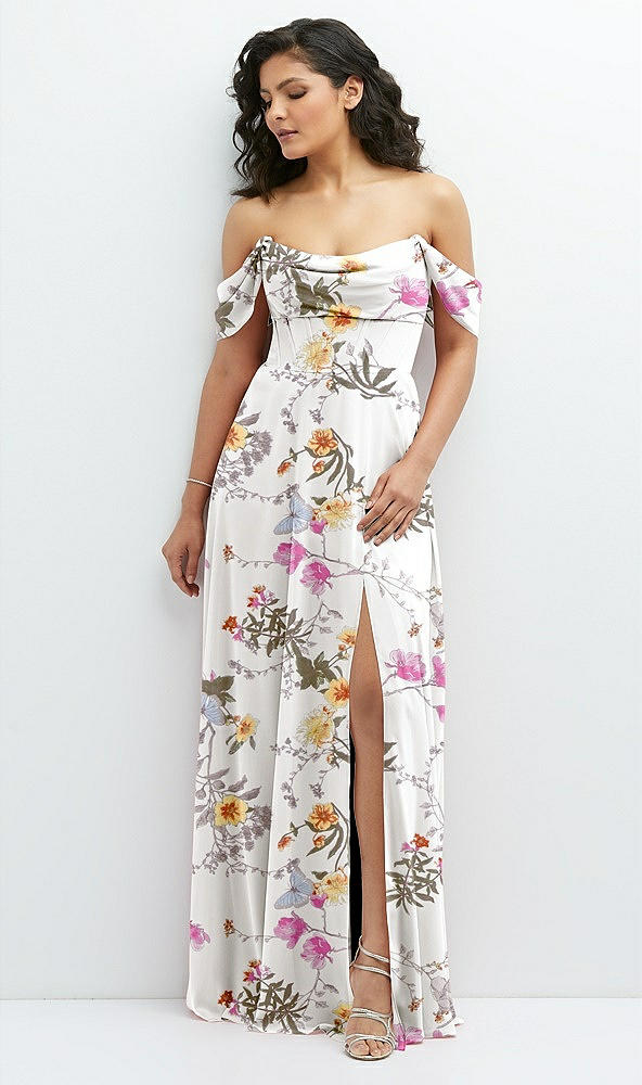 Front View - Butterfly Botanica Ivory Chiffon Corset Maxi Dress with Removable Off-the-Shoulder Swags