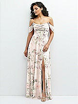 Front View Thumbnail - Blush Garden Chiffon Corset Maxi Dress with Removable Off-the-Shoulder Swags