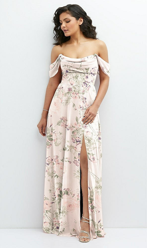 Front View - Blush Garden Chiffon Corset Maxi Dress with Removable Off-the-Shoulder Swags