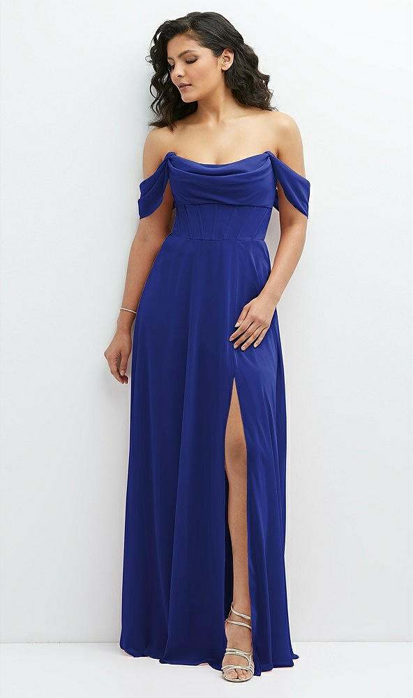 Front View - Cobalt Blue Chiffon Corset Maxi Dress with Removable Off-the-Shoulder Swags