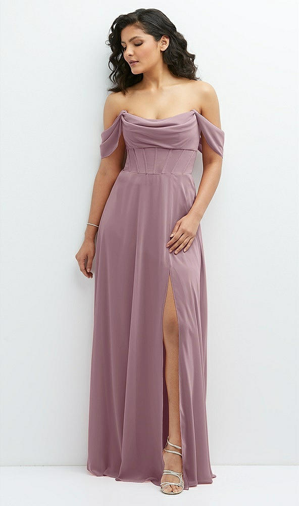 Front View - Dusty Rose Chiffon Corset Maxi Dress with Removable Off-the-Shoulder Swags