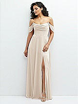 Front View Thumbnail - Oat Chiffon Corset Maxi Dress with Removable Off-the-Shoulder Swags