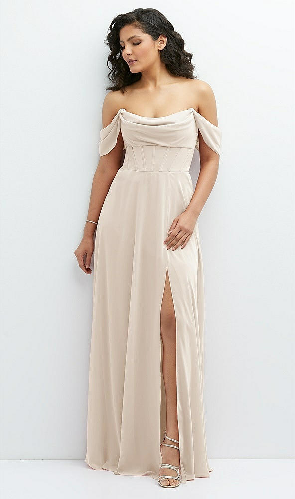 Front View - Oat Chiffon Corset Maxi Dress with Removable Off-the-Shoulder Swags