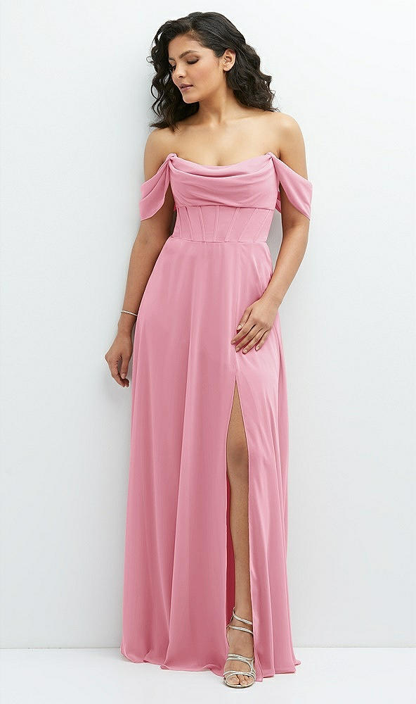 Front View - Peony Pink Chiffon Corset Maxi Dress with Removable Off-the-Shoulder Swags