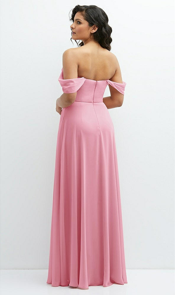 Back View - Peony Pink Chiffon Corset Maxi Dress with Removable Off-the-Shoulder Swags