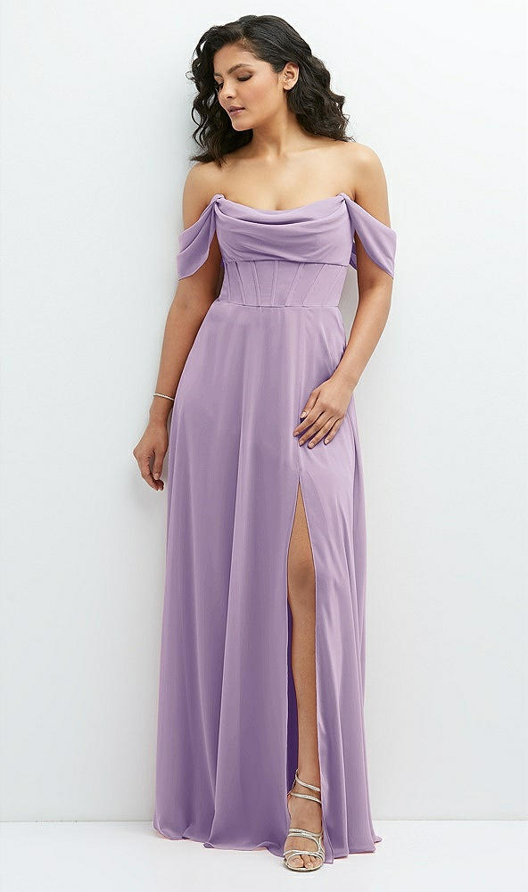 Front View - Pale Purple Chiffon Corset Maxi Dress with Removable Off-the-Shoulder Swags