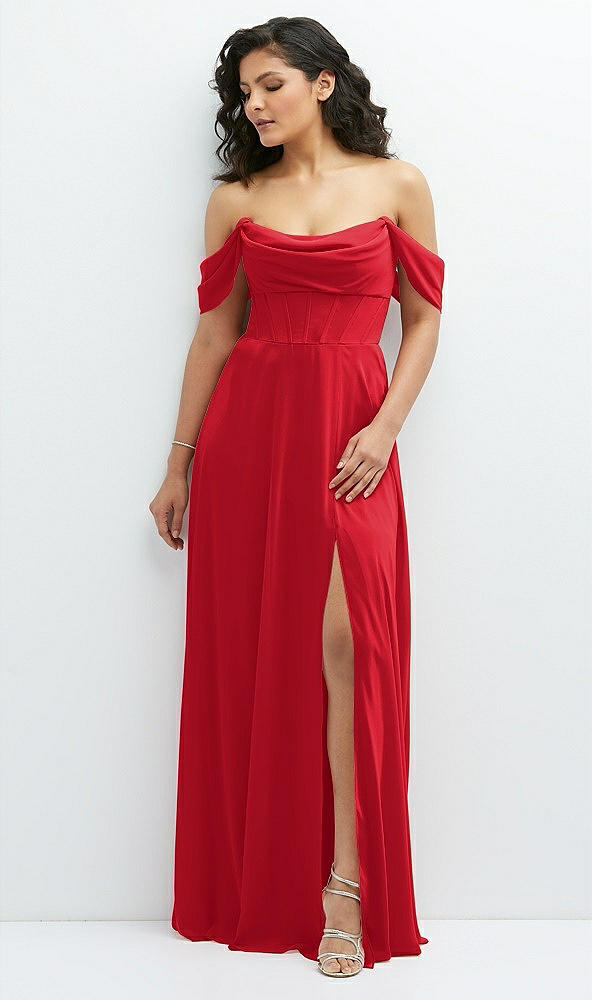 Front View - Parisian Red Chiffon Corset Maxi Dress with Removable Off-the-Shoulder Swags