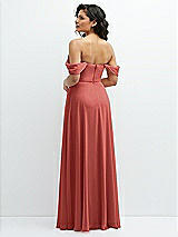 Rear View Thumbnail - Coral Pink Chiffon Corset Maxi Dress with Removable Off-the-Shoulder Swags